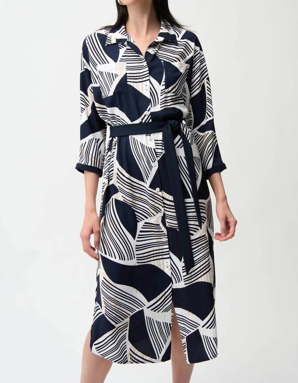 NEW JOSEPH RIBKOFF geometric print midi shirt dress in vanilla multicolor